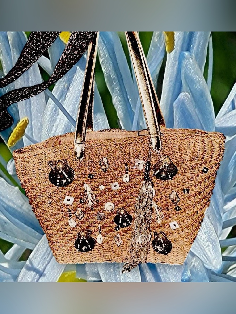 Capelli New York Woven Raffia bag w/ Shells mother of Pearl Gold leather straps